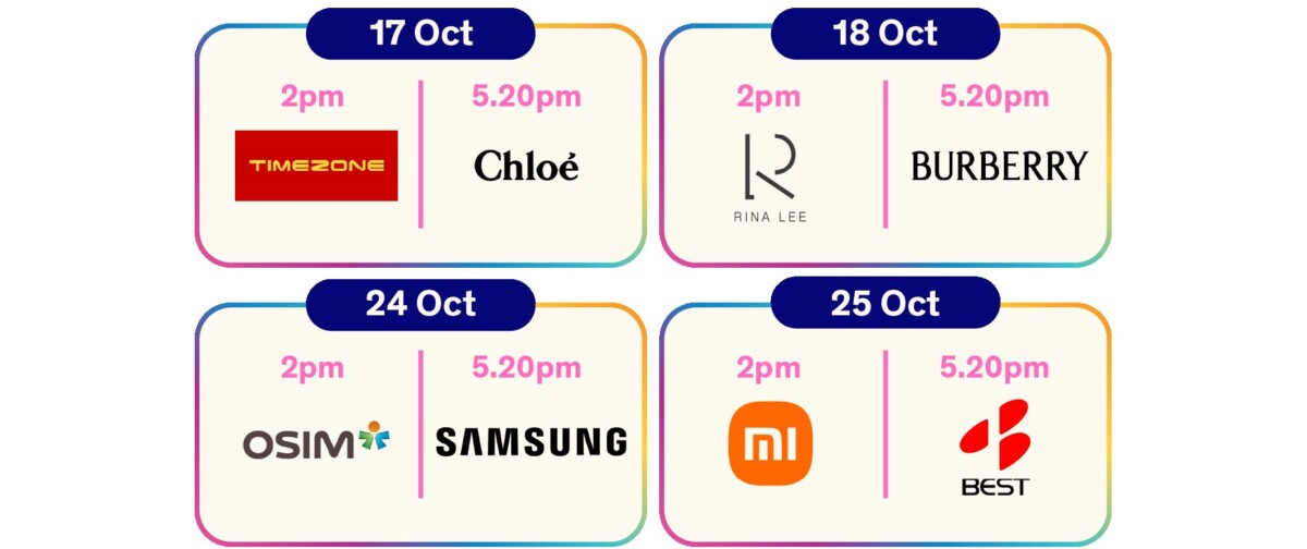 VivoCity VC20 Power Hour schedule listing eight brands across 17, 18, 24 and 25 October