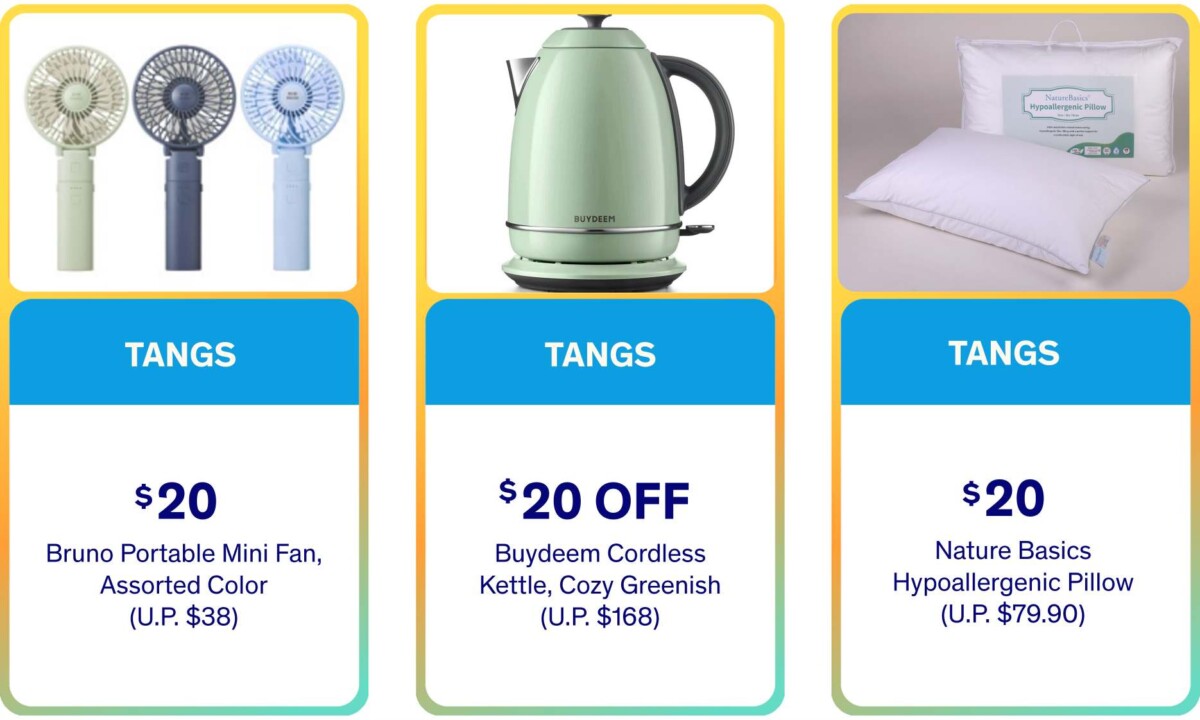 VivoCity VC20 TANGS offers for a Bruno mini fan, Buydeem kettle and Nature Basics pillow