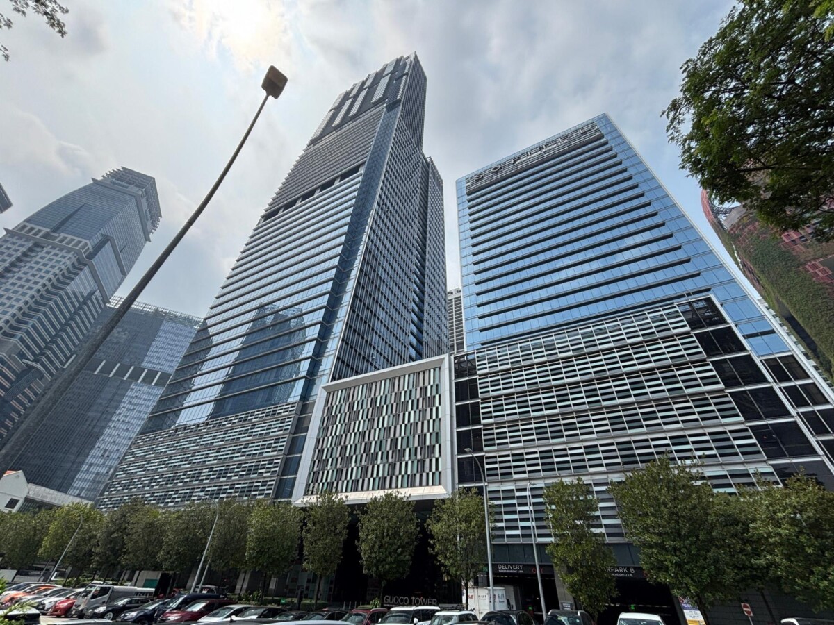Low-angle view of Guoco Tower and Wallich Residence facade in Tanjong Pagar