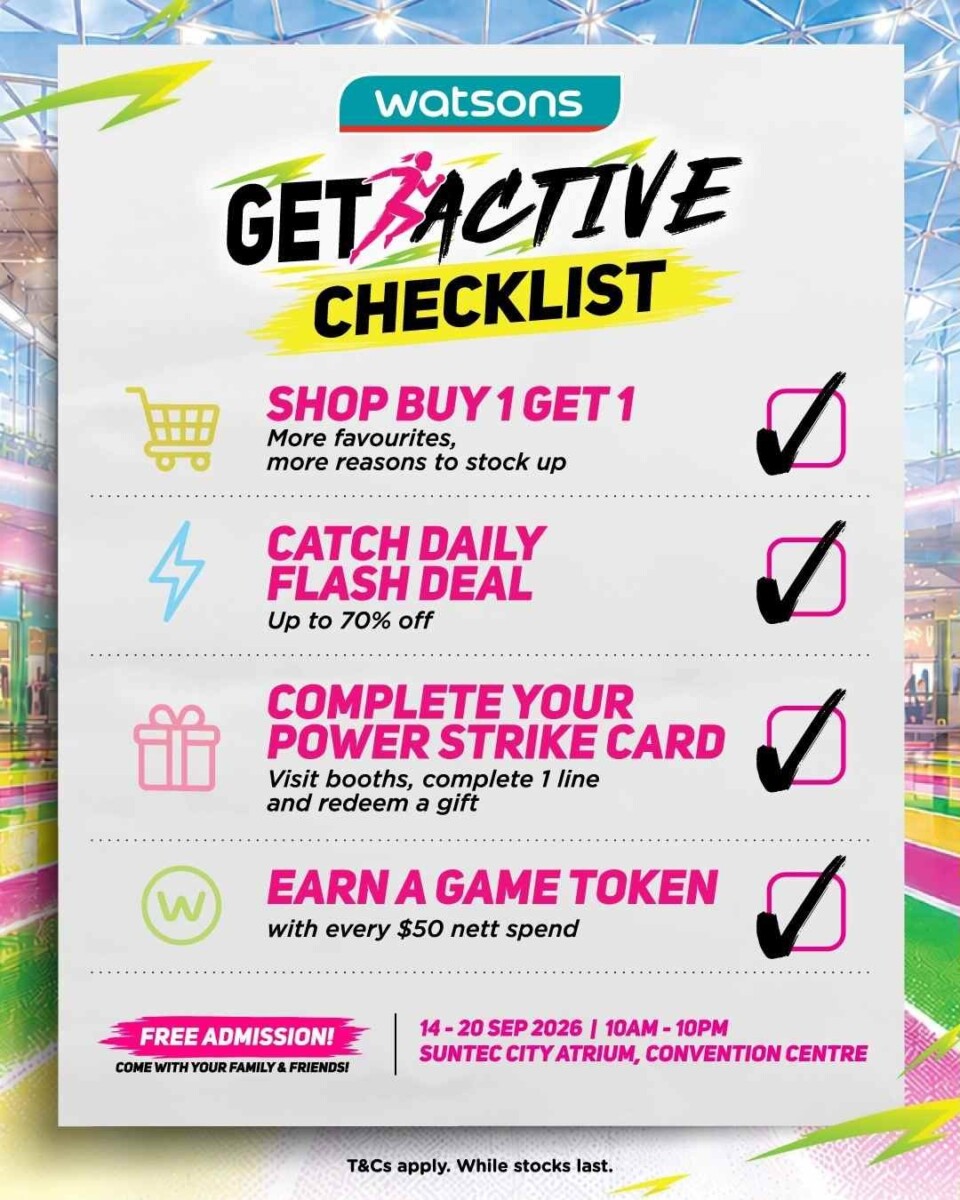 Watsons Get Active checklist for shop buy one get one and flash deals