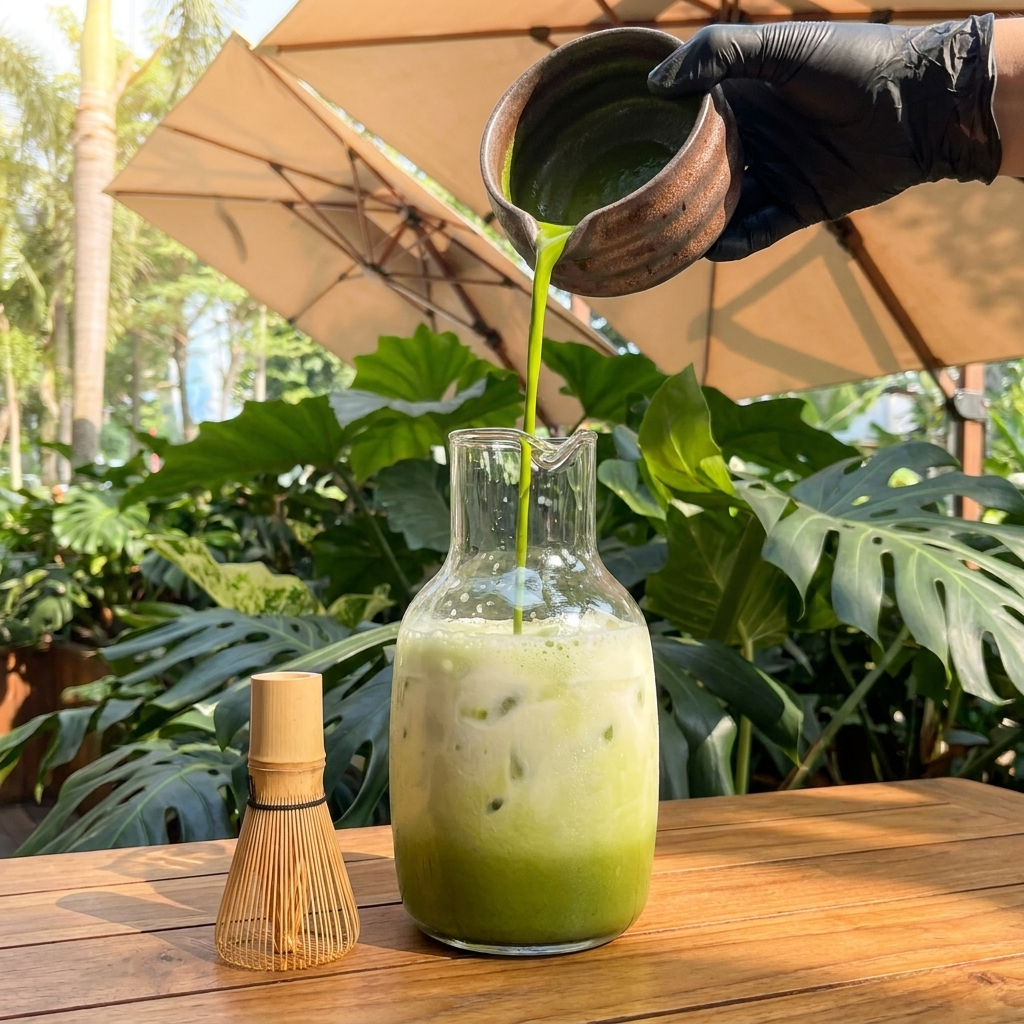 Matcha Makgeolli at WHUCHU Beer Garden, made with 100% real matcha.