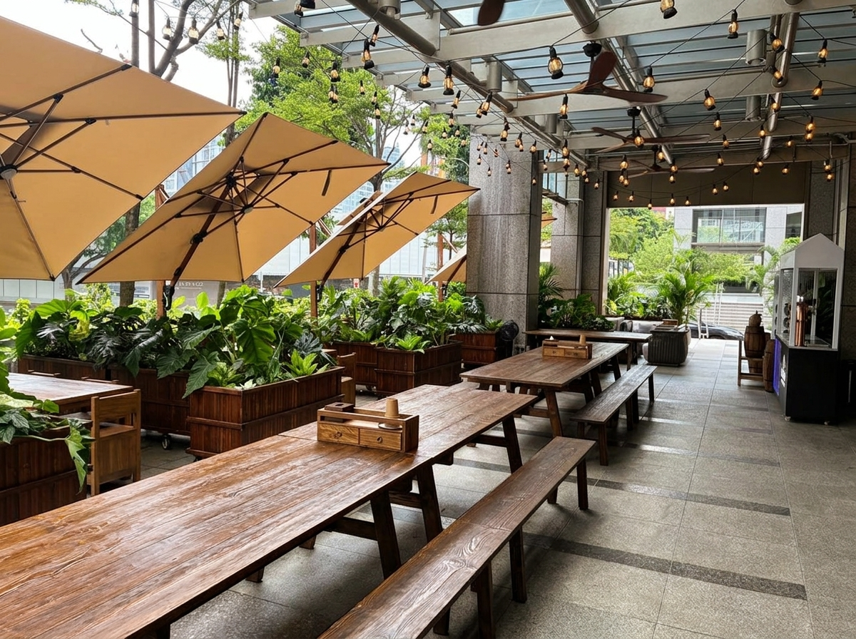 Outdoor seating at WHUCHU Beer Garden, UE Square.