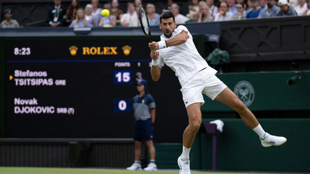 Novak Djokovic in action on Day 3 at Wimbledon 2026