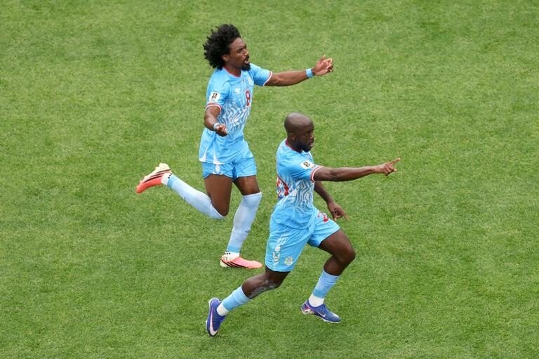 Yoane Wissa of Congo DR celebrates scoring his team's first ever World Cup goal against Portugal at Houston Stadium