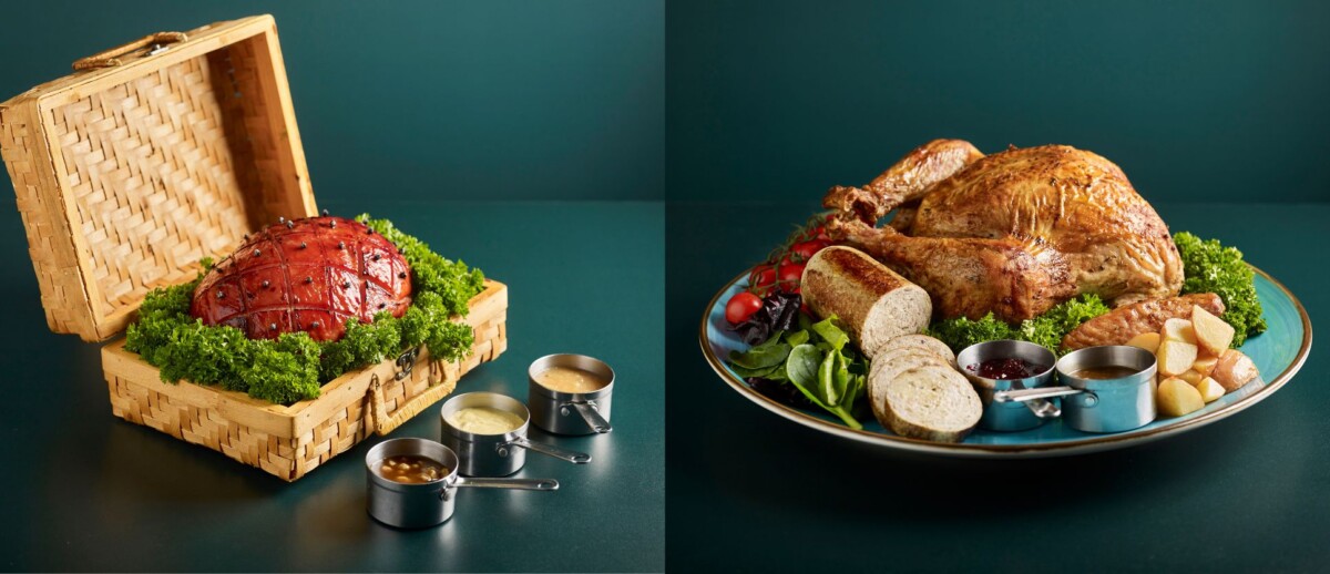 Allora festive takeaway roast turkey and gammon ham in a hamper basket at Crowne Plaza Changi Airport