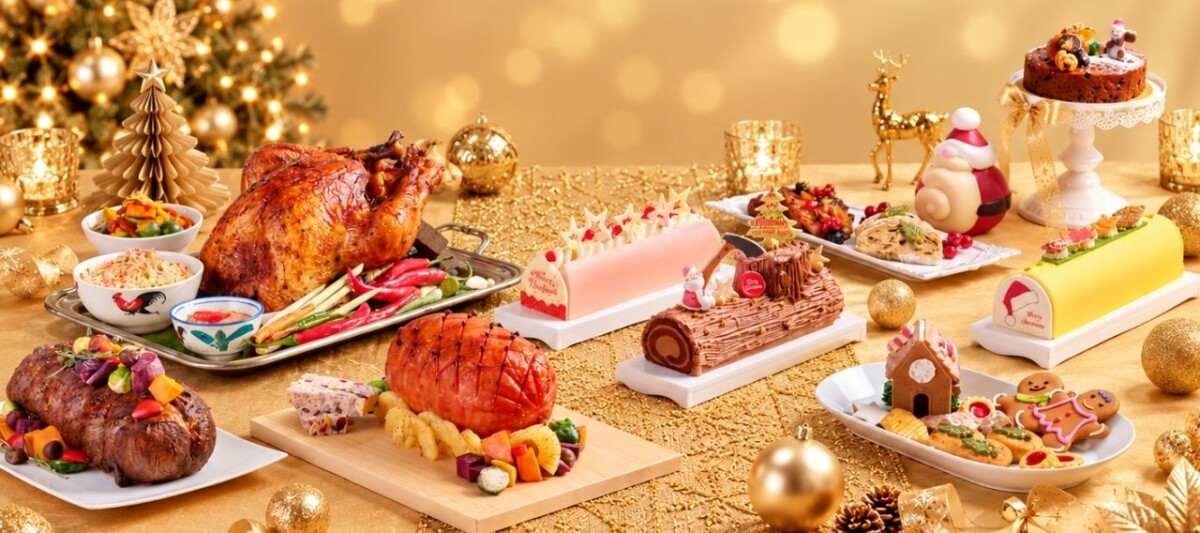 Christmas 2026 turkey takeaway spread with roast turkey, ham and yule logs at Grand Copthorne Waterfront