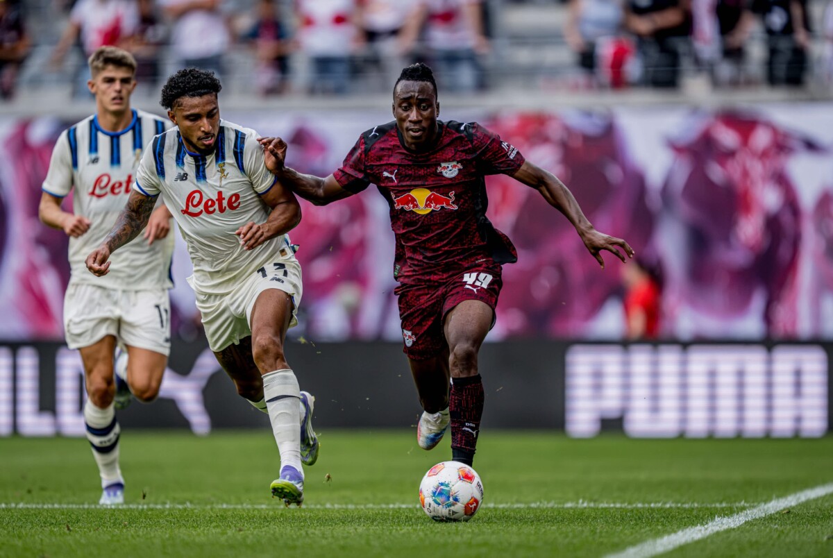 Yan Diomande in RB Leipzig match action with the ball for Arsenal summer transfer window 2026 coverage