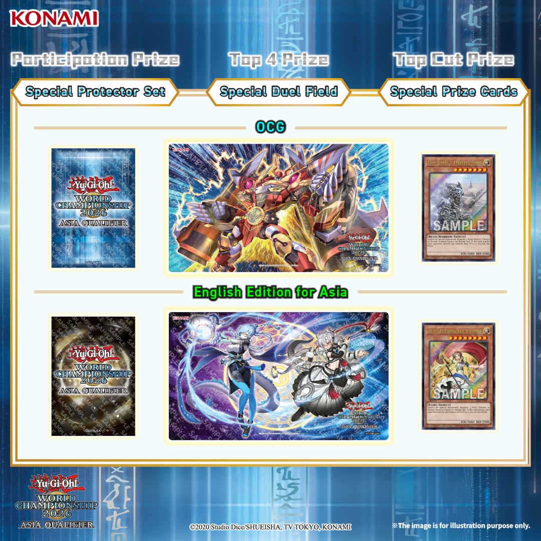 Yu-Gi-Oh World Championship 2026 Asia Qualifier prize graphic showing card protectors duel fields and prize cards